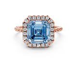 Rose gold Fancy Blue Asscher  Halo Twisted Band Four-Prong Diamond Ring
