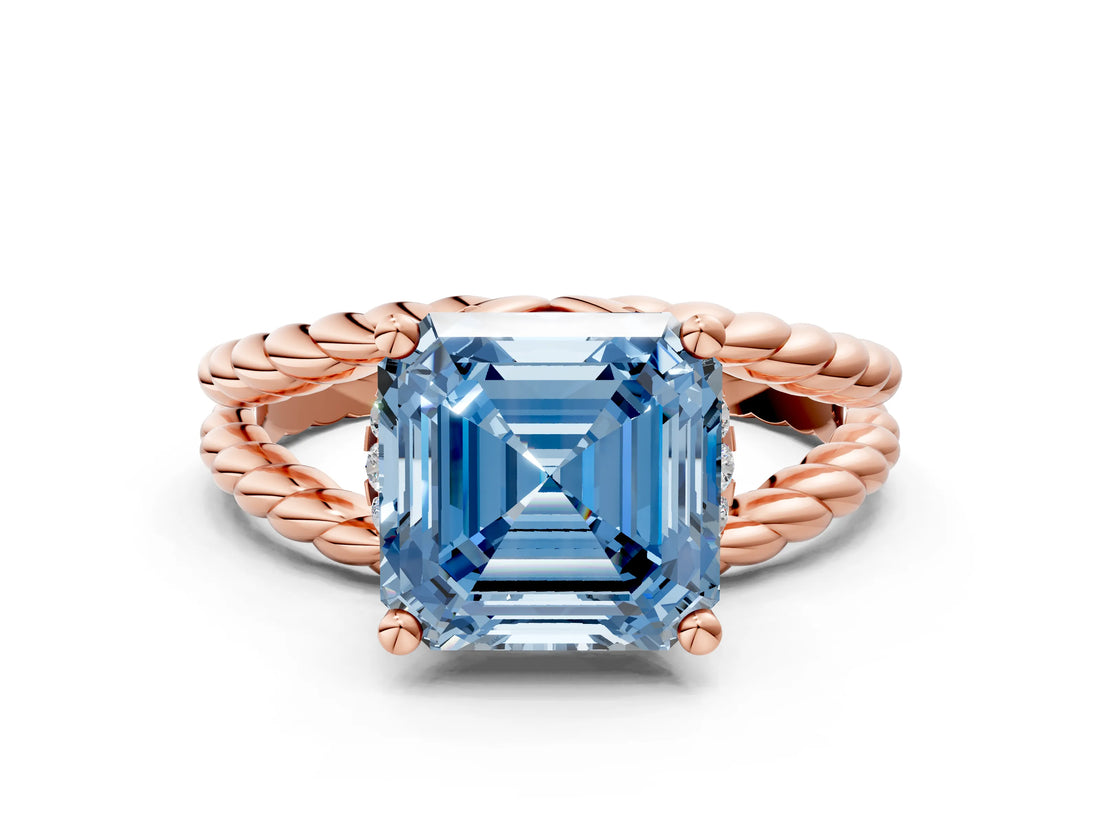 Rose gold Fancy Blue Asscher  Halo Twisted Band Four-Prong Ring_33