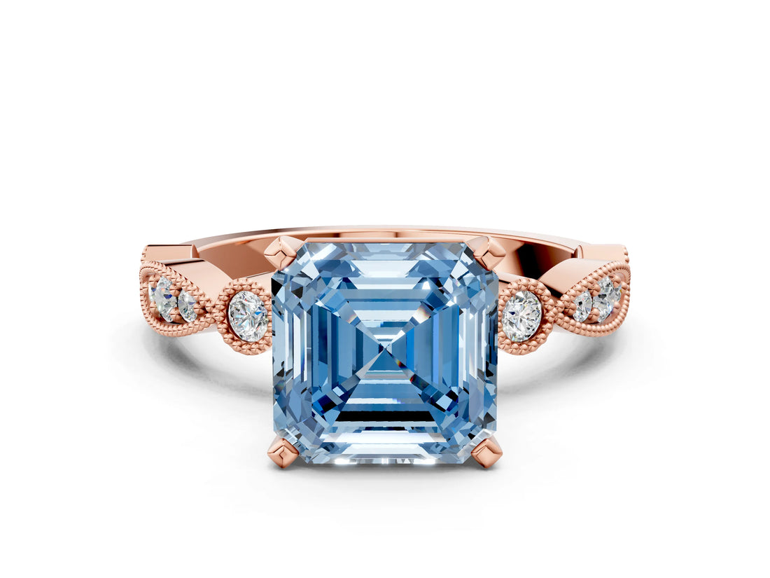 Rose gold Fancy Blue Asscher  Milgrain Bezel Diamond Engagement Ring with Solitaire Prong Setting_29