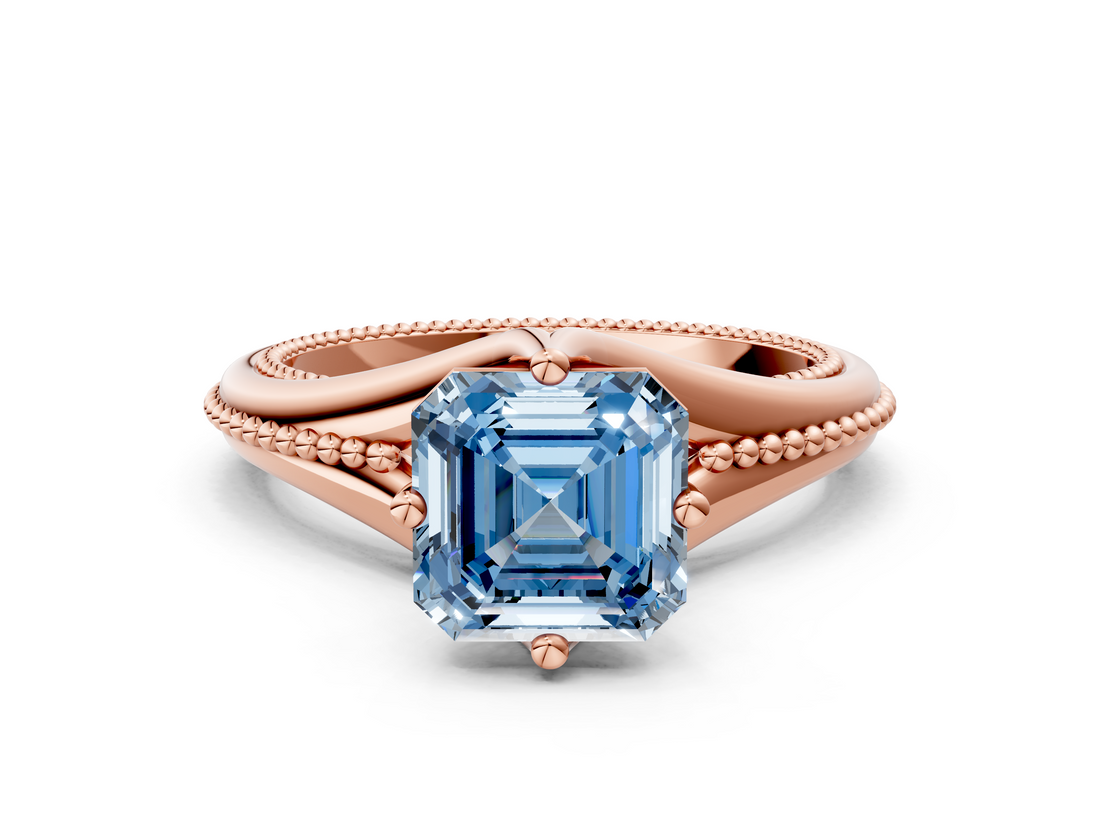 Rose gold Fancy Blue Asscher  Solitaire Beaded Band Six-Prong Setting