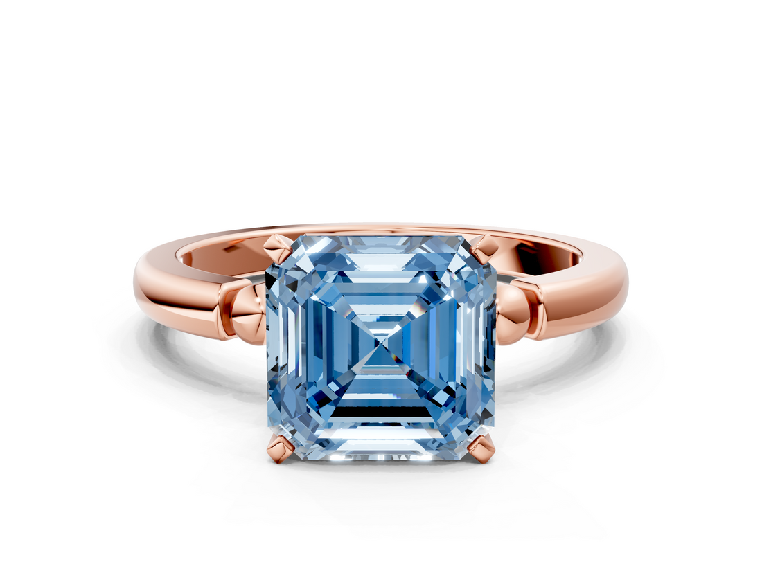 Rose gold Fancy Blue Asscher  Solitaire Beaded Band with Four-Prong Setting