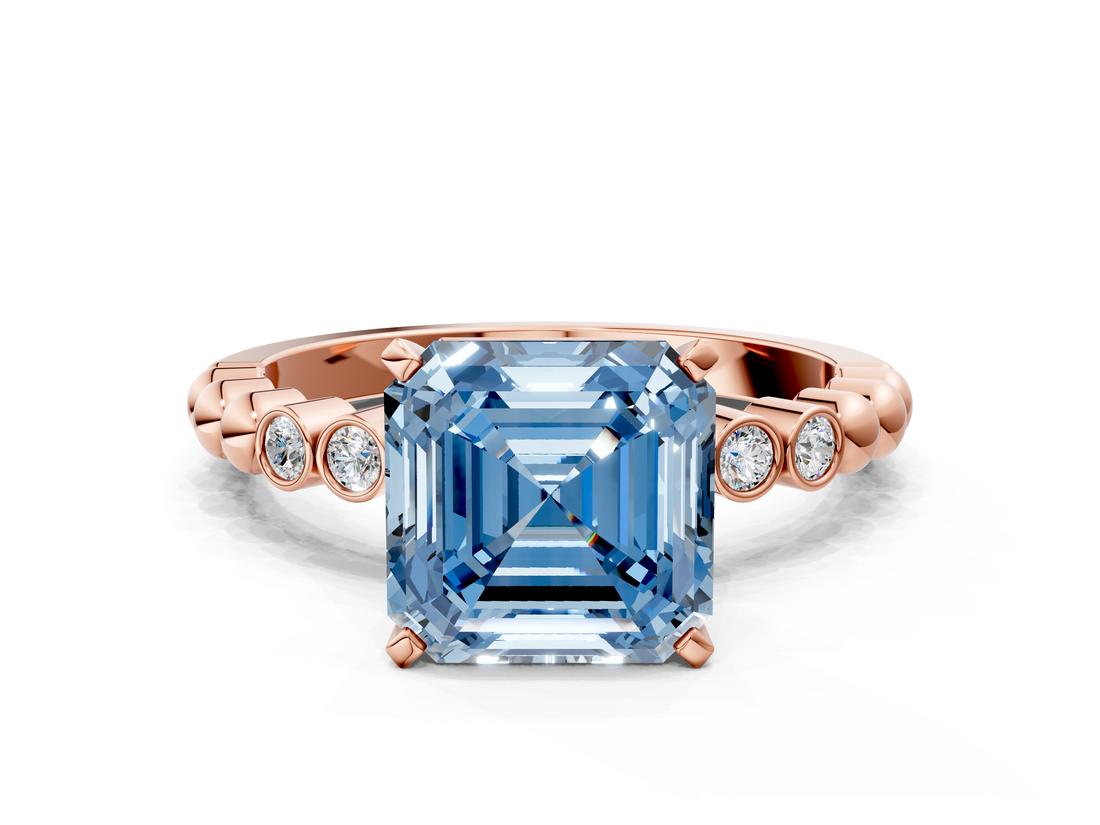 Rose gold Fancy Blue Asscher  Solitaire Bezel Accent Diamond Engagement Ring with Beaded Band and Four-Prong Setting