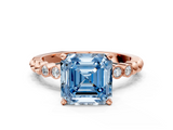 Rose gold Fancy Blue Asscher  Solitaire Bezel Accent Diamond Engagement Ring with Beaded Band and Four-Prong Setting