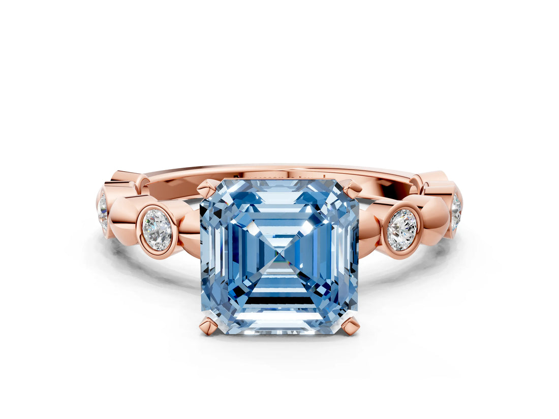Rose gold Fancy Blue Asscher  Solitaire Bezel-Set Diamond Ring with Beaded Band and Four-Prong Setting_49