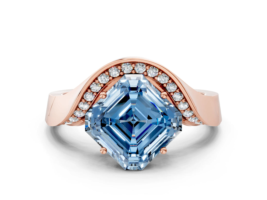 Rose gold Fancy Blue Asscher  Solitaire Diamond Engagement Ring with Pave Band and Four-Prong Setting