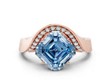 Rose gold Fancy Blue Asscher  Solitaire Diamond Engagement Ring with Pave Band and Four-Prong Setting