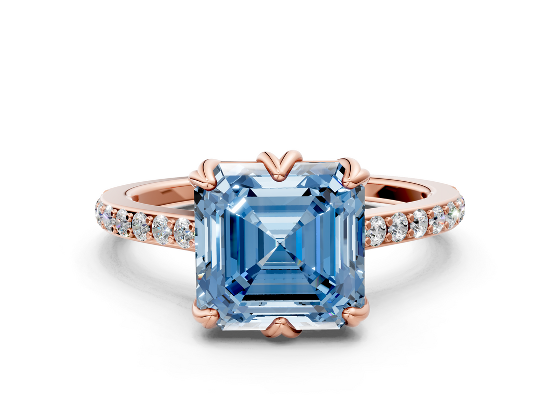 Rose gold Fancy Blue Asscher  Solitaire Diamond Engagement Ring with Pave Band and Six-Prong Setting