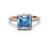 Rose gold Fancy Blue Asscher  Solitaire Diamond Engagement Ring with Pave Band and Six-Prong Setting