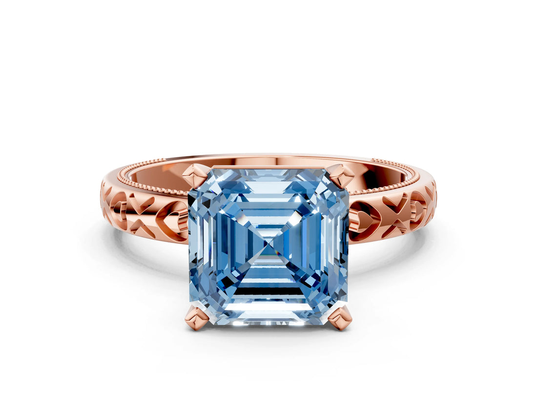 Rose gold Fancy Blue Asscher  Solitaire Diamond Engagement Ring with XO Engraved Band and Four-Prong Setting 1
