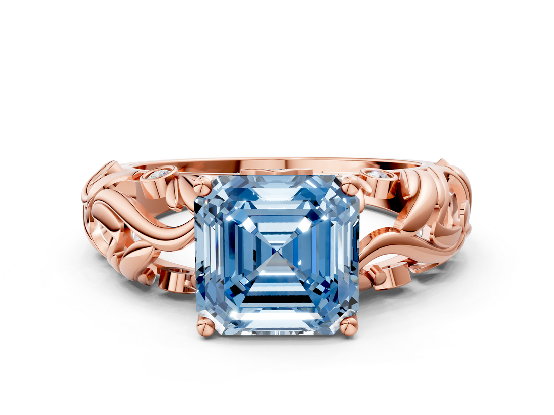 Rose gold Fancy Blue Asscher  Solitaire Diamond Leaf Vine Band with Prong Setting_17