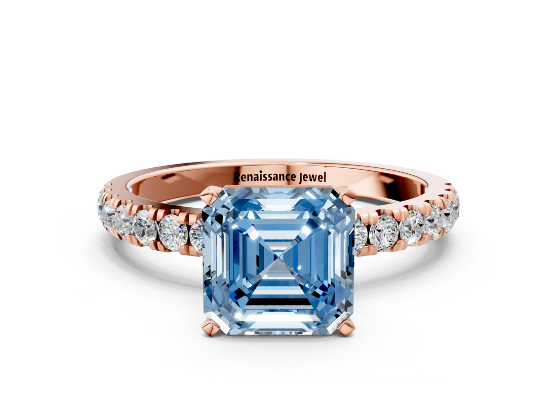 Rose gold Fancy Blue Asscher  Solitaire Diamond Pavé Band with Four-Prong Setting
