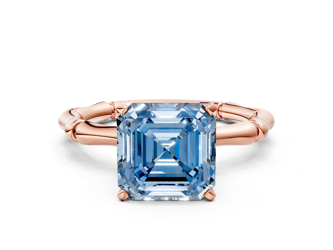 Rose gold Fancy Blue Asscher  Solitaire Diamond Ring with Bamboo Band and Four-Prong Setting_16