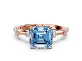 Rose gold Fancy Blue Asscher  Solitaire Diamond Ring with Bezel Set Side Stones and Prong Setting