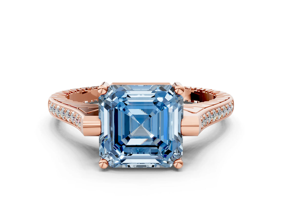 Rose gold Fancy Blue Asscher  Solitaire Diamond Ring with Channel Set Band and Bezel Prong Setting_61