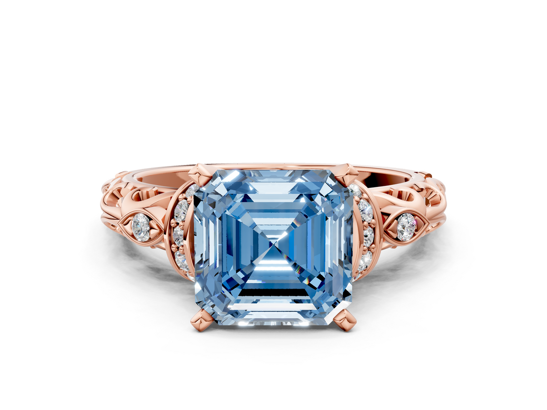 Rose gold Fancy Blue Asscher  Solitaire Diamond Ring with Filigree Band and Four-Prong Setting
