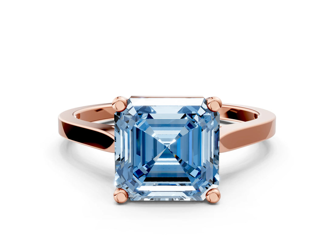 Rose gold Fancy Blue Asscher  Solitaire Diamond Ring with Four-Prong Setting and Tapered Band 1