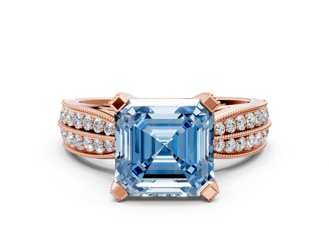 Rose gold Fancy Blue Asscher  Solitaire Diamond Ring with Milgrain Pavé Band and Four-Prong Setting_54