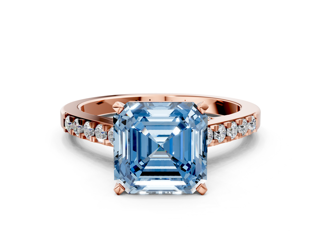 Rose gold Fancy Blue Asscher  Solitaire Diamond Ring with Pavé Band and Four-Prong Setting
