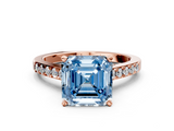 Rose gold Fancy Blue Asscher  Solitaire Diamond Ring with Pavé Band and Four-Prong Setting