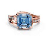 Rose gold Fancy Blue Asscher  Solitaire Diamond Ring with Split Shank and Prong Setting