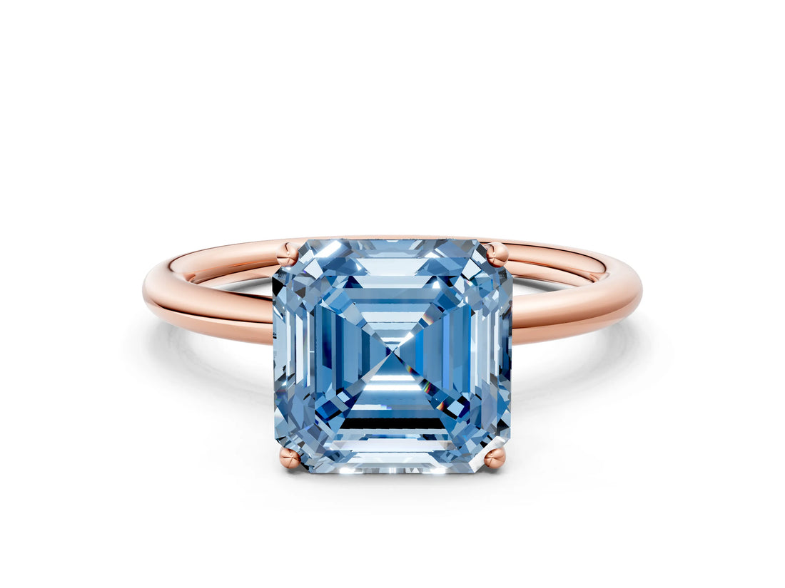 Rose gold Fancy Blue Asscher  Solitaire Diamond Ring with a Classic Band and Four-Prong Setting