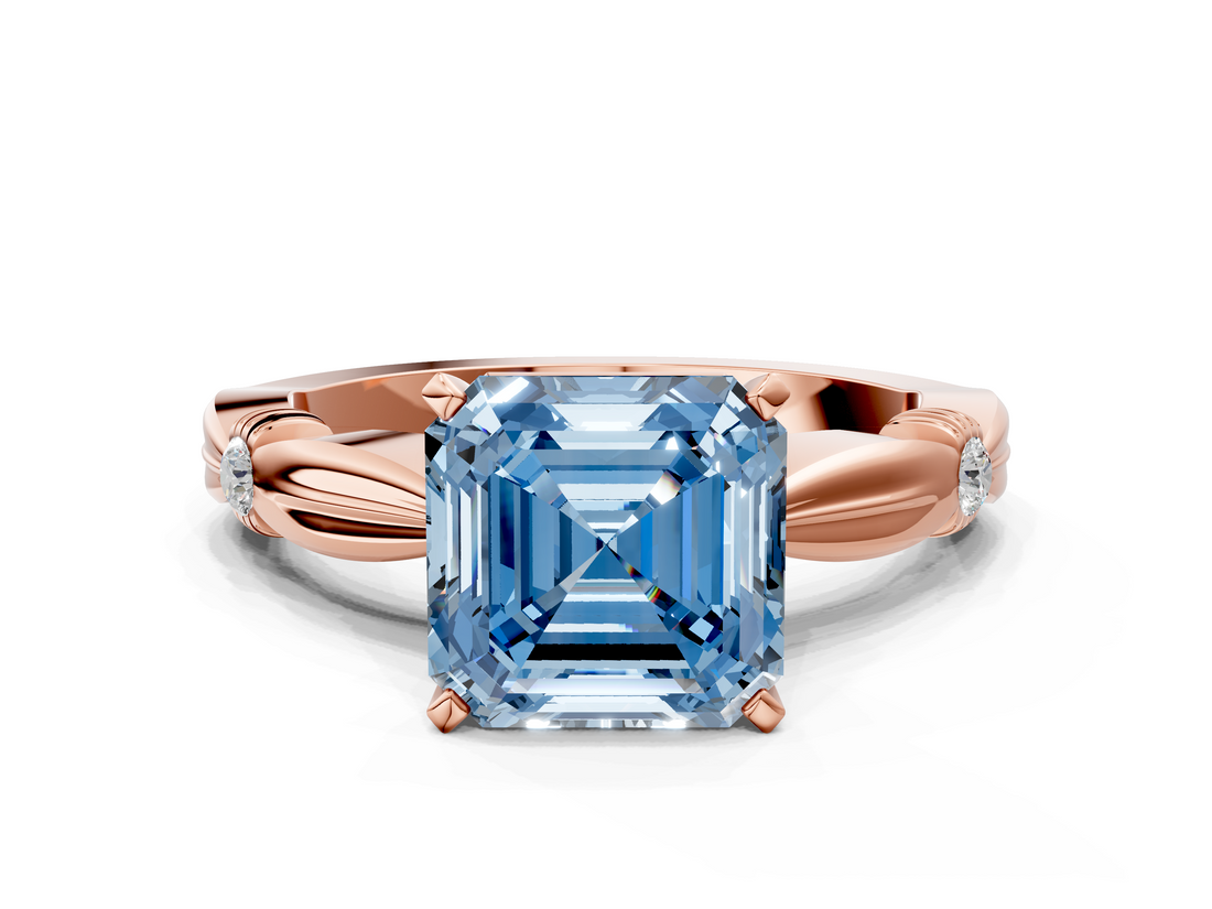 Rose gold Fancy Blue Asscher  Solitaire Diamond Twisted Band with Four-Prong Setting