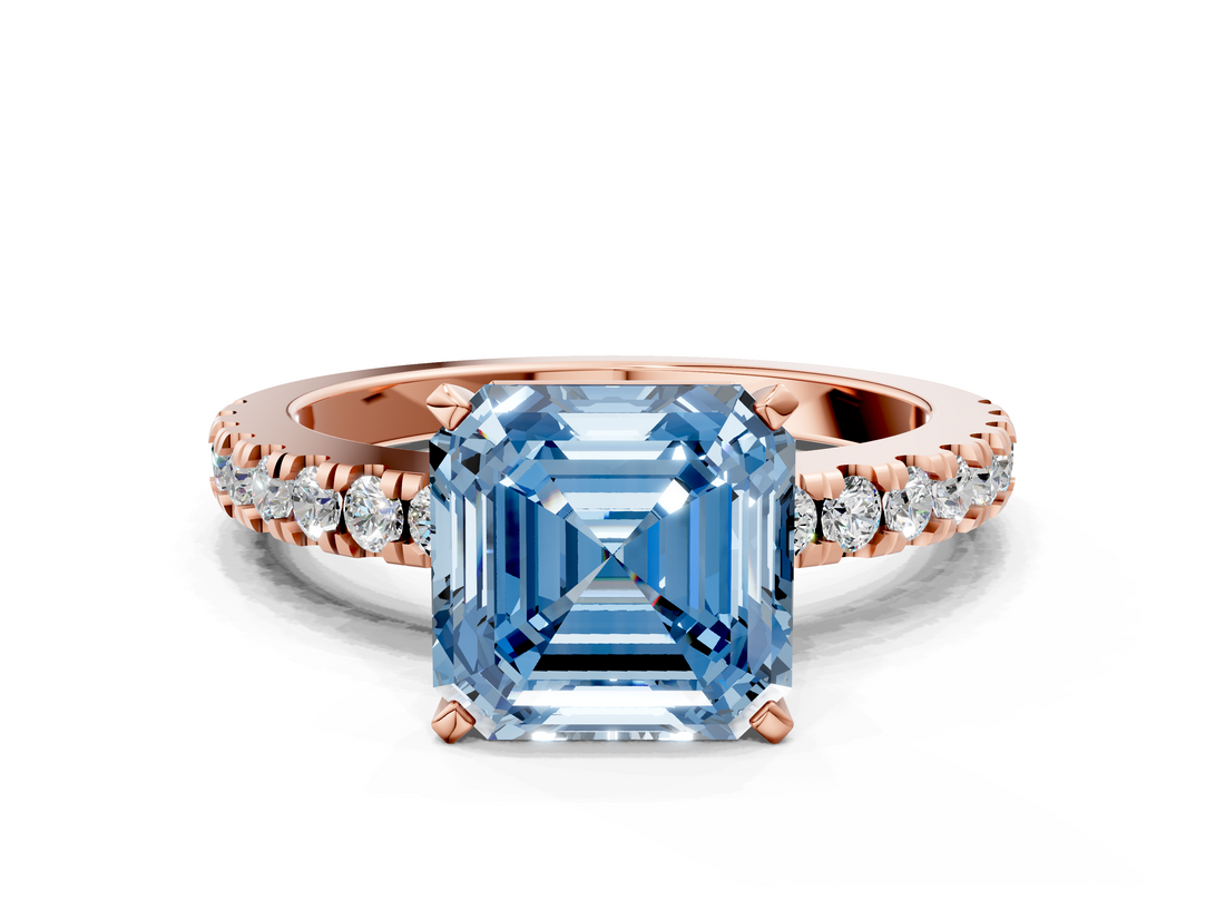 Rose gold Fancy Blue Asscher  Solitaire Diamond with Pavé Band and Four-Prong Setting_16