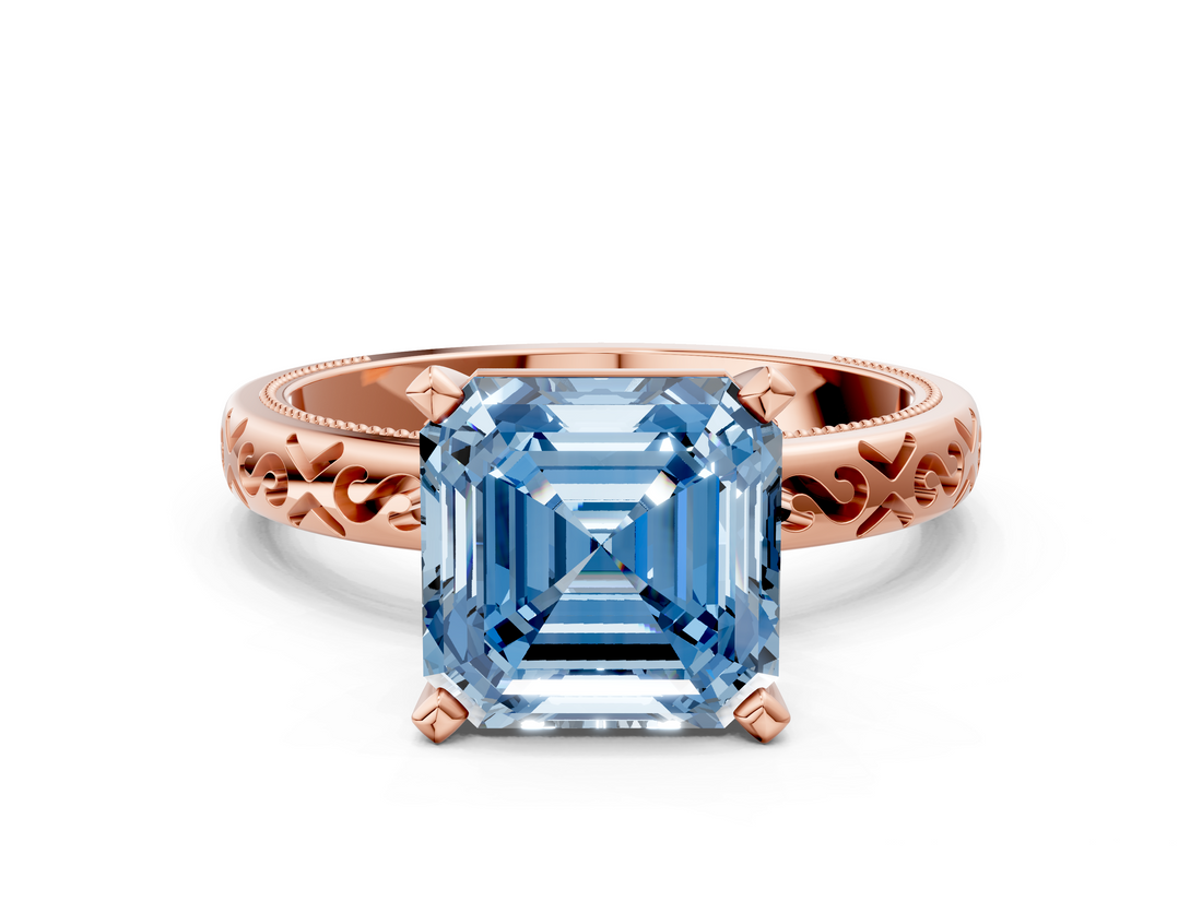 Rose gold Fancy Blue Asscher  Solitaire Engagement Ring with Scrollwork Band and Four-Prong Setting_17