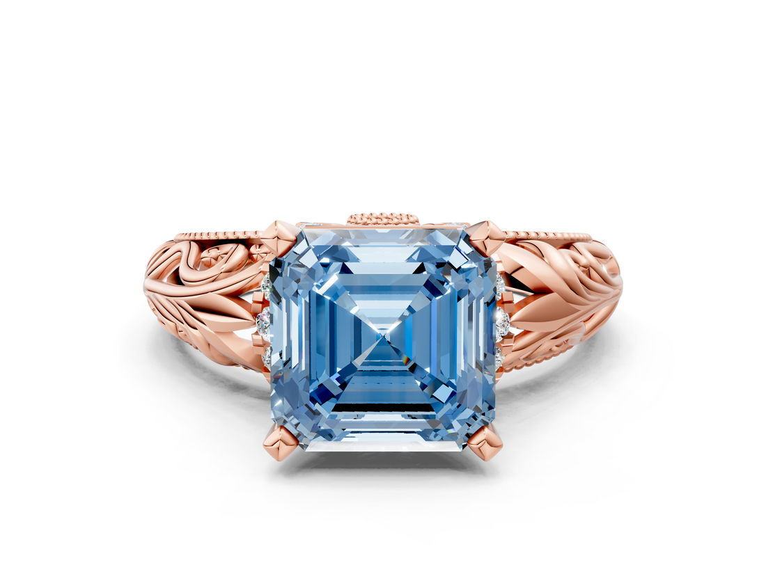Rose gold Fancy Blue Asscher  Solitaire Filigree Engagement Ring with Halo and Prong Setting_17
