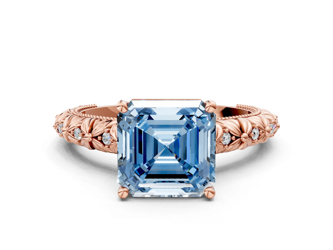 Rose gold Fancy Blue Asscher  Solitaire Floral Milgrain Engagement Ring_146