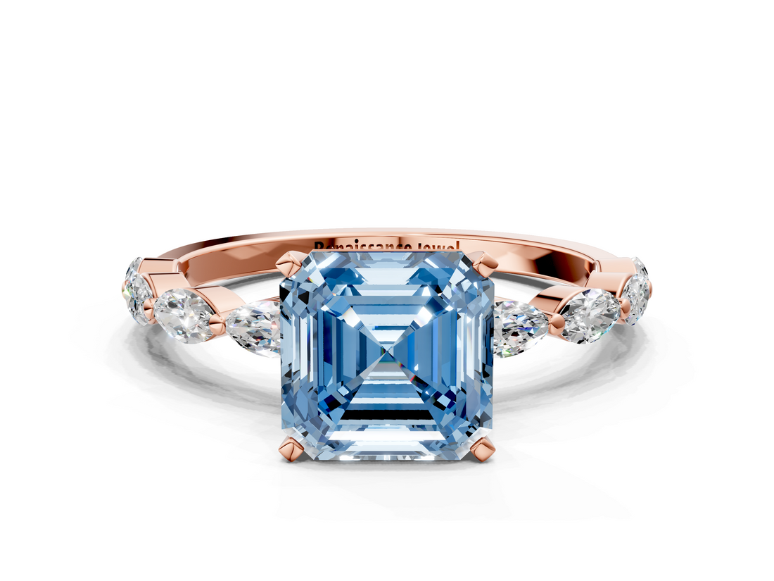 Rose gold Fancy Blue Asscher  Solitaire Marquise Side Stone Prong Setting Ring_22