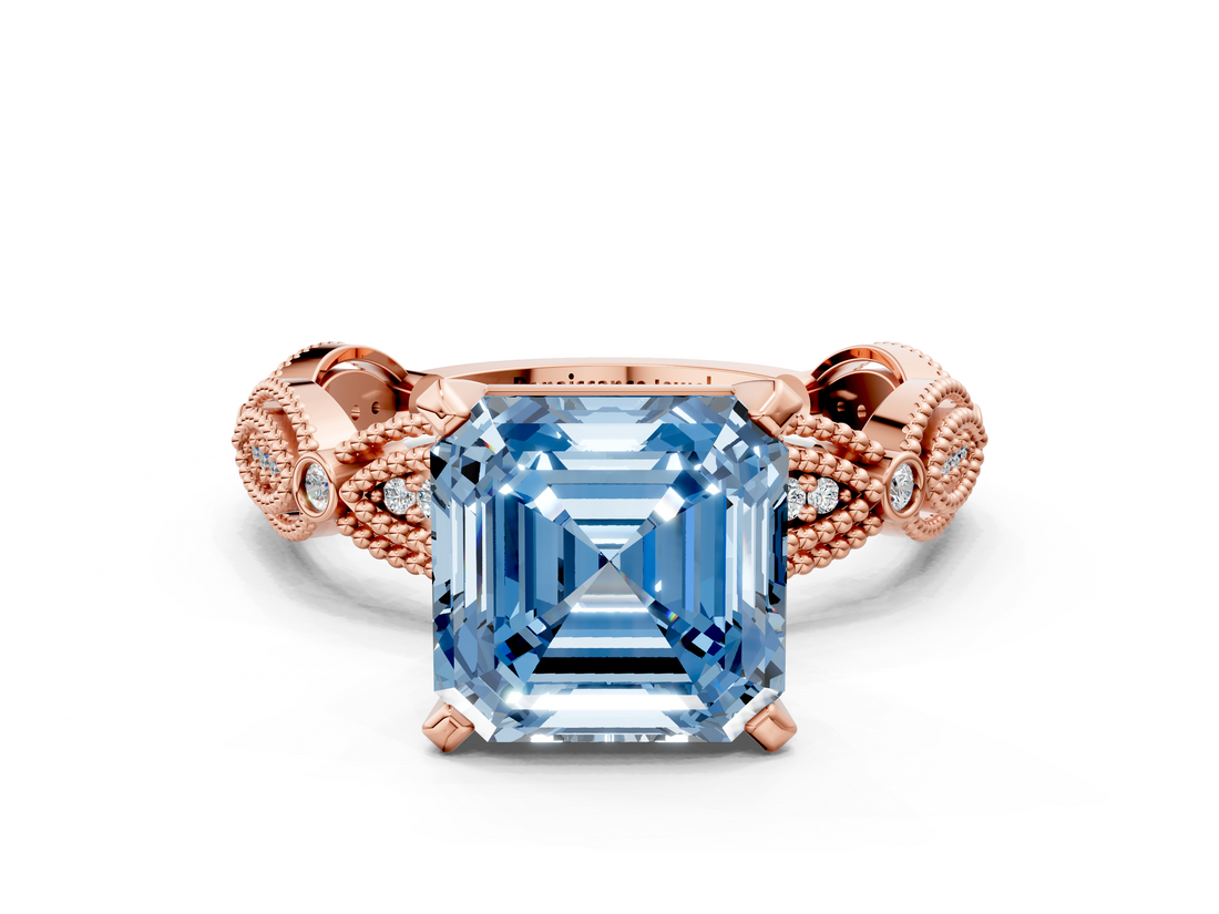 Rose gold Fancy Blue Asscher  Solitaire Milgrain Diamond Engagement Ring with Bezel and Marquise Band