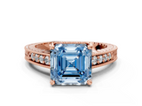 Rose gold Fancy Blue Asscher  Solitaire Pavé Diamond Milgrain Engagement Ring with Four-Prong Setting