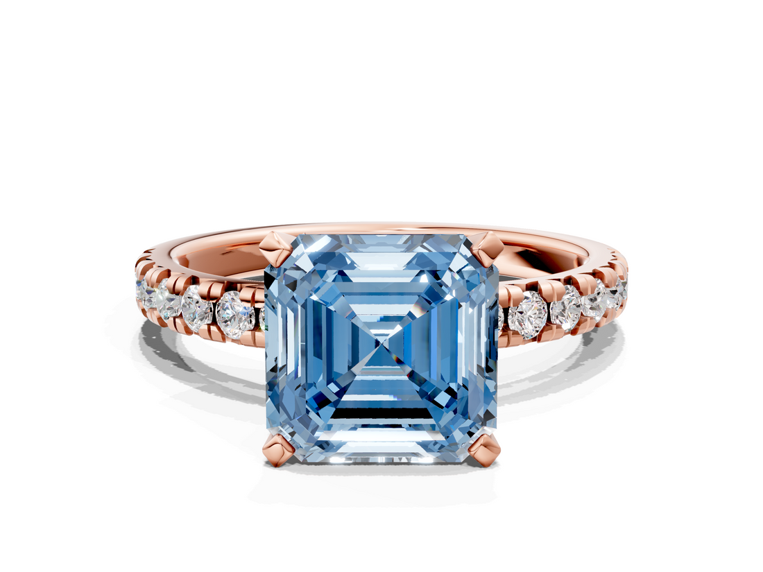 Rose gold Fancy Blue Asscher  Solitaire Pave Diamond Engagement Ring with Four-Prong Setting