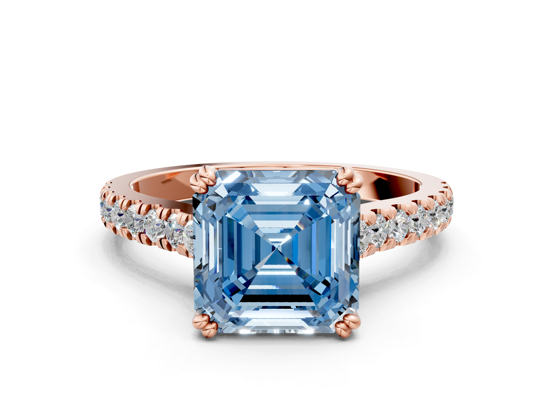 Rose gold Fancy Blue Asscher  Solitaire Pave Diamond Engagement Ring with Prong Setting
