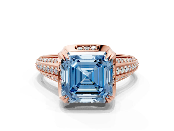 Rose gold Fancy Blue Asscher  Solitaire Pave Split Shank Ring with Four-Prong Setting