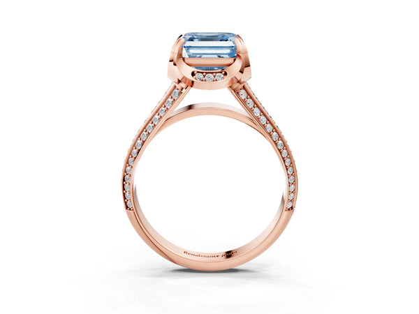 Rose gold Fancy Blue Asscher  Solitaire Pave Split Shank Ring with Four-Prong Setting