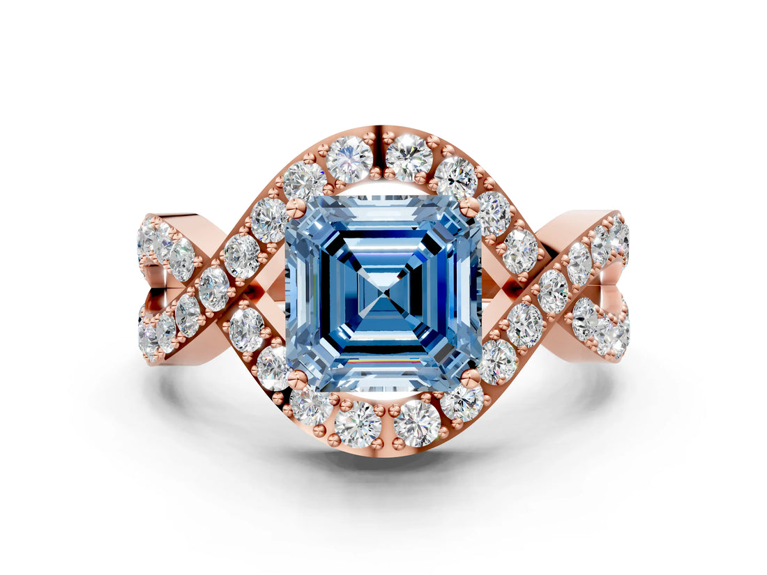 Rose gold Fancy Blue Asscher  Solitaire Twist Band Pavé Diamond Engagement Ring_15