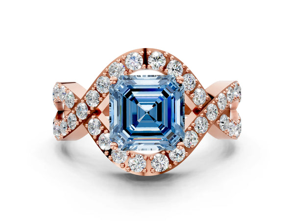 Rose Gold Asscher Cut Infinity Twist Engagement Ring Setting for Fancy Blue Center with Pave Ribbons