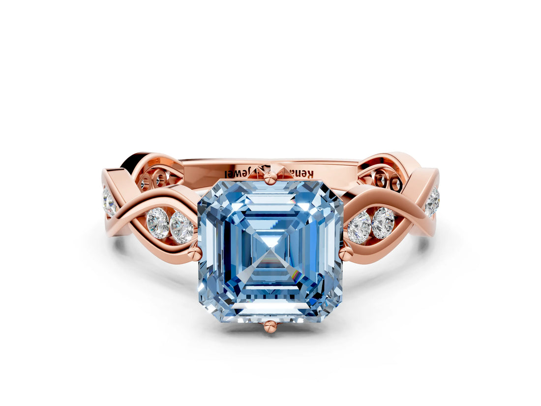 Rose gold Fancy Blue Asscher  Solitaire Twist Band with Leaf Prong Setting 1