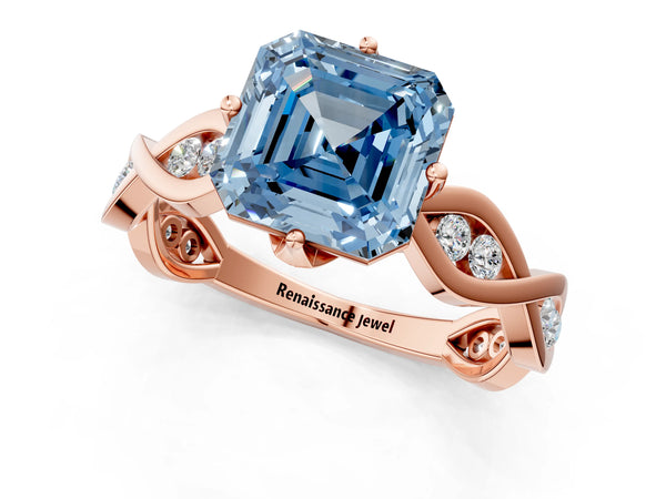 Rose Gold Asscher Cut Accented Twist Engagement Ring Setting for Fancy Blue Center
