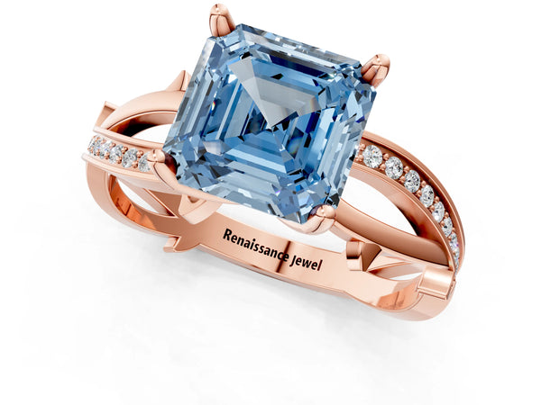 Rose Gold Asscher Cut Crossover Twist Pave Engagement Ring Setting for Fancy Blue Center
