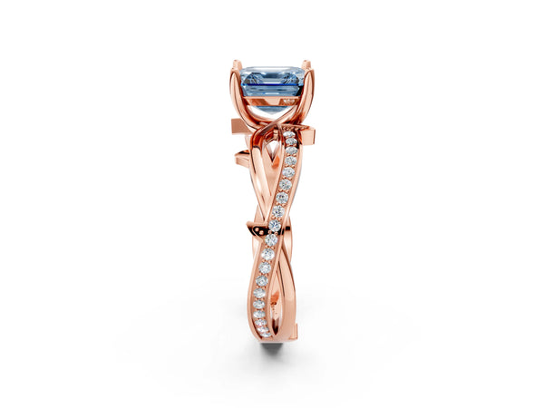 Rose Gold Asscher Cut Crossover Twist Pave Engagement Ring Setting for Fancy Blue Center