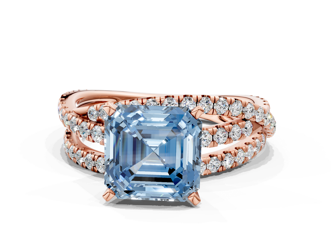 Rose gold Fancy Blue Asscher  Solitaire Twist Band with Pavé Setting and Four-Prong Setting
