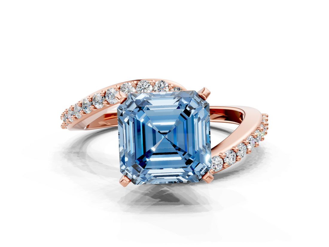 Rose gold Fancy Blue Asscher  Solitaire Twist Band with Pave Set Diamonds and Four-Prong Setting