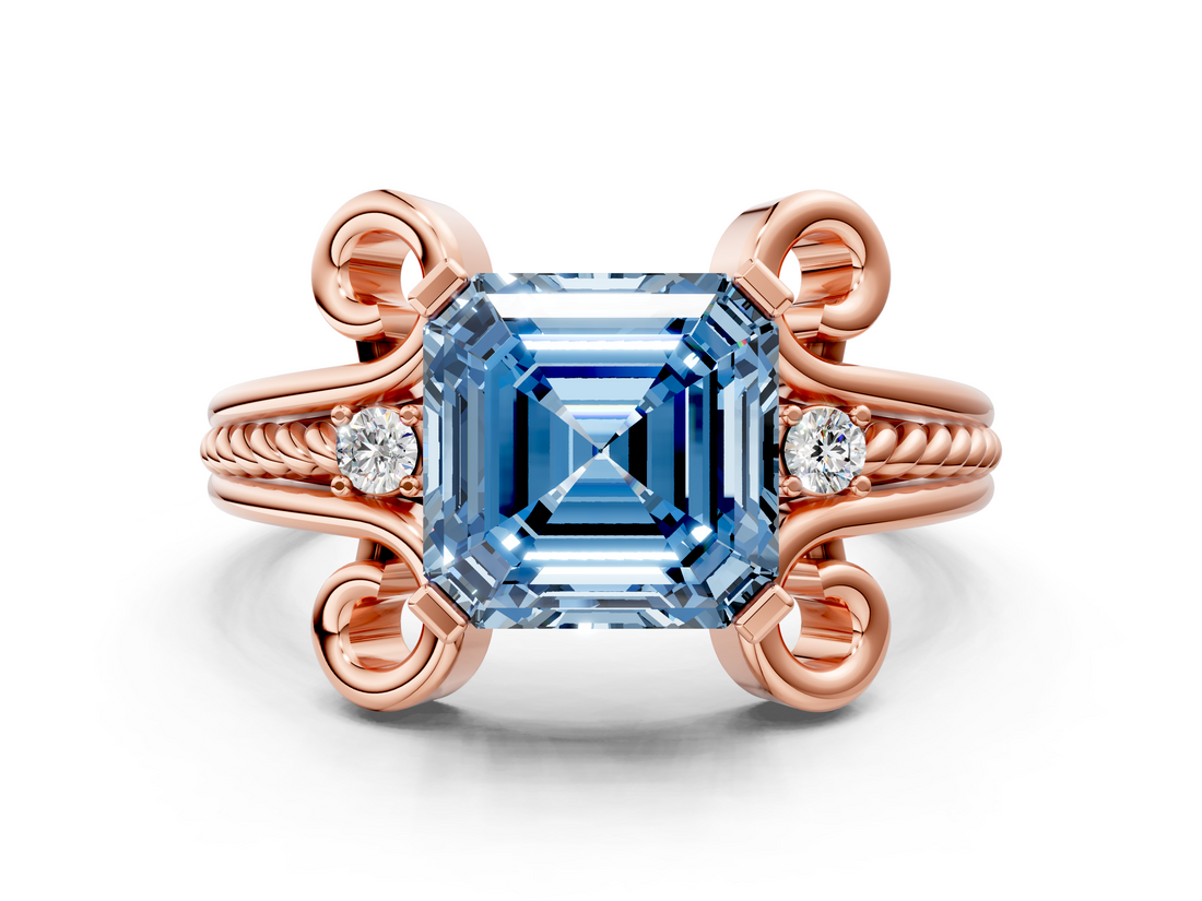 Rose gold Fancy Blue Asscher  Solitaire Twisted Band Scroll Prong Ring_3