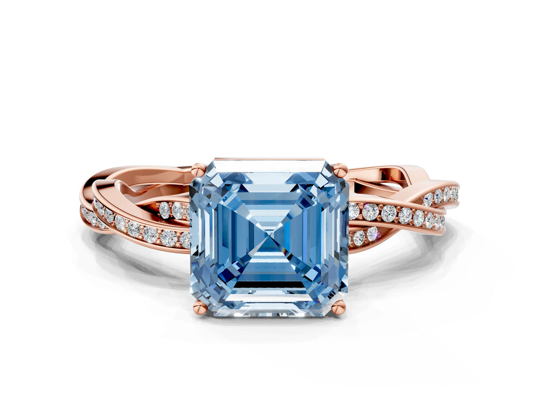 Rose gold Fancy Blue Asscher  Solitaire Twisted Pave Diamond Ring with Four-Prong Setting_113