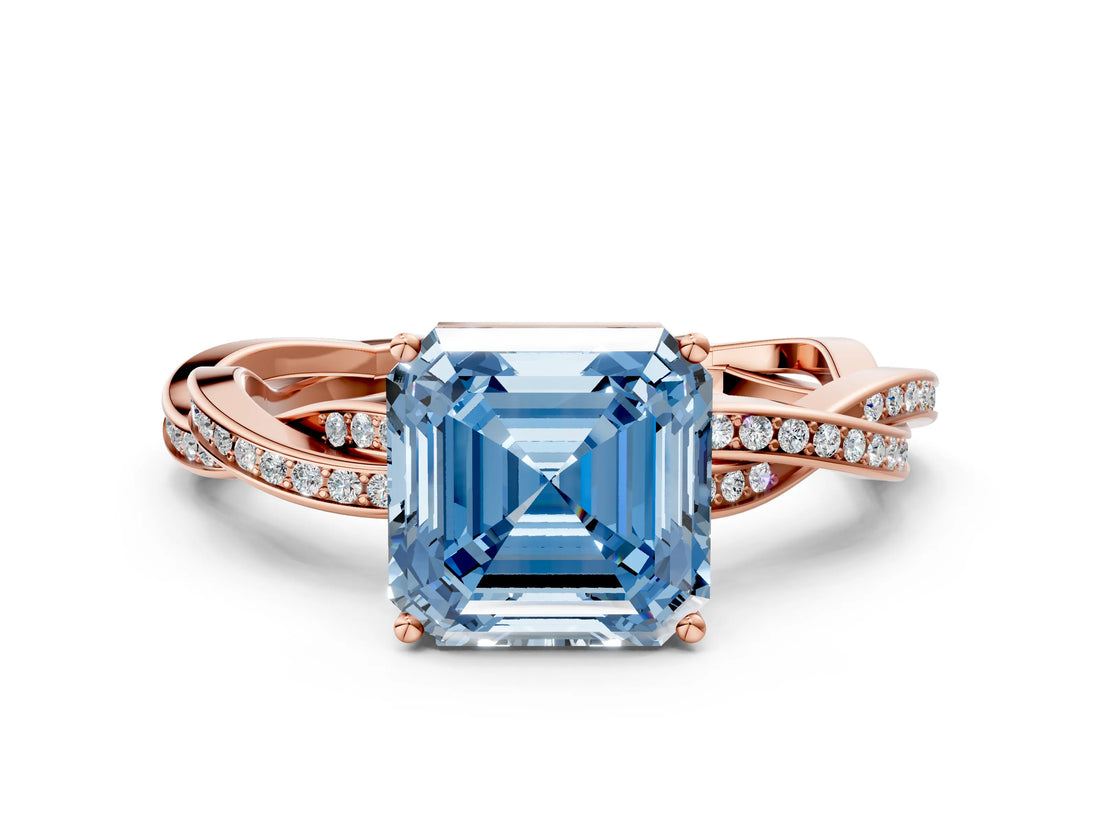 Rose gold Fancy Blue Asscher  Solitaire Twisted Pave Diamond Ring with Four-Prong Setting_12