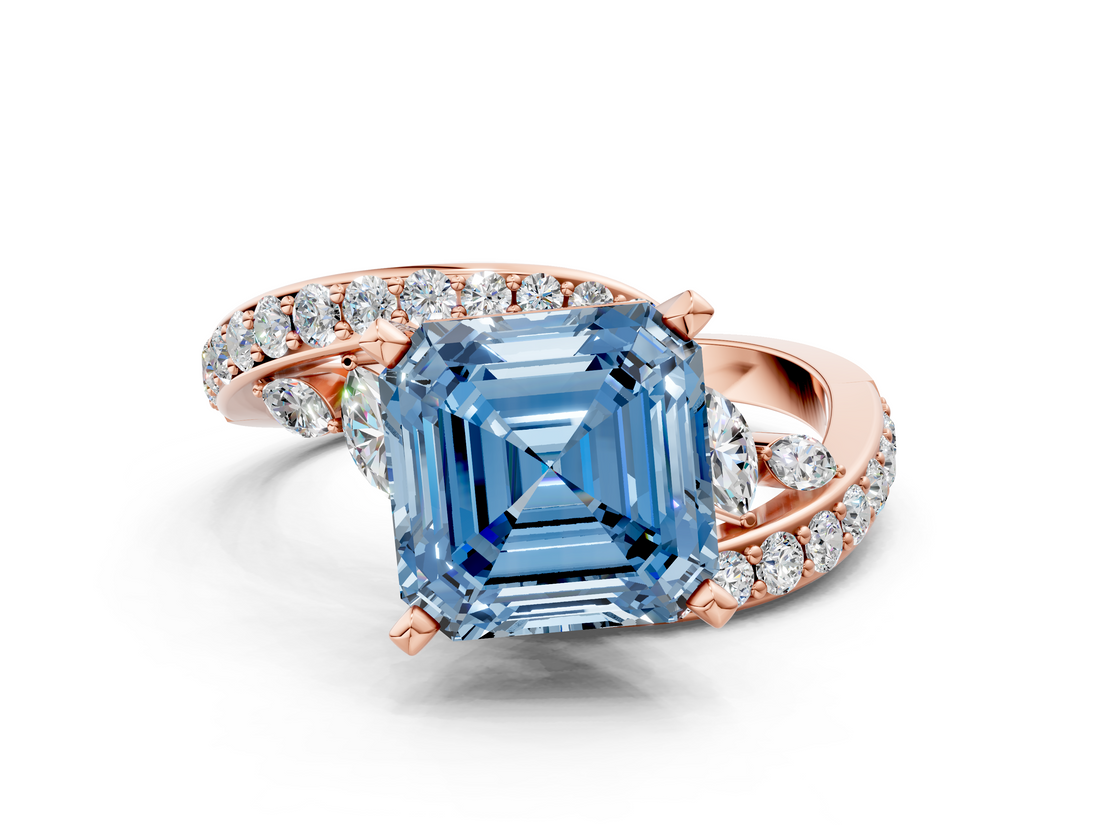 Rose gold Fancy Blue Asscher  Solitaire with Pavé Twist Band and Four-Prong Setting