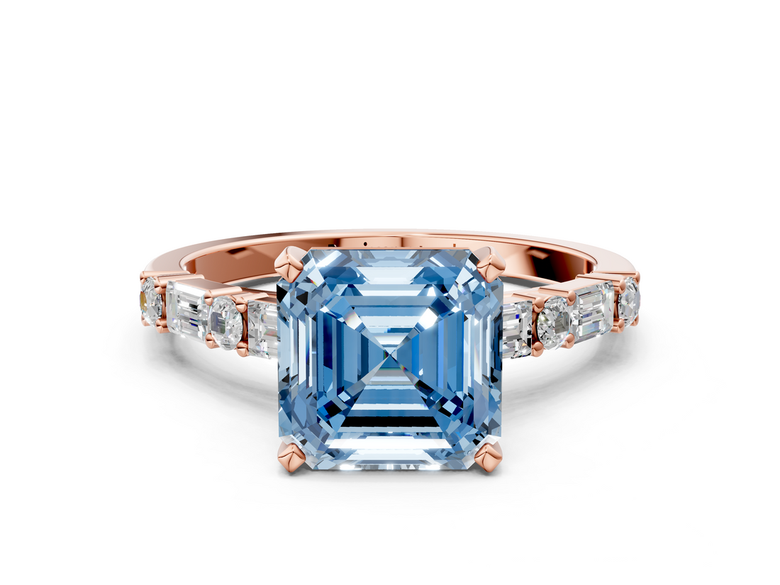 Rose gold Fancy Blue Asscher  Solitaire with Side Baguettes and Channel Set Band